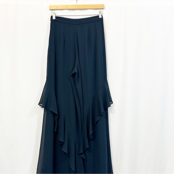 Badgley Mischka Cascading Ruffle Wide Leg High Waist Pants in Navy Blue - Picture 7 of 13